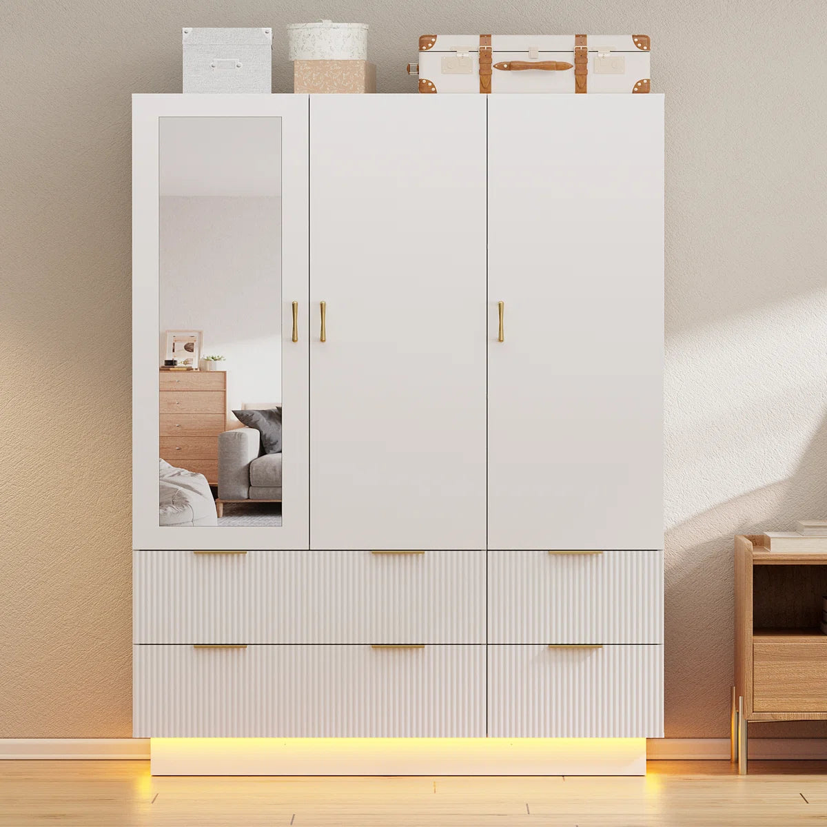 Armoire Wardrobe Closet With 3 Door, Mirror And Led Lights