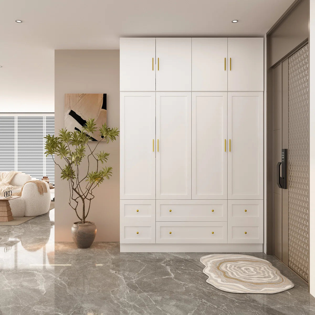 Modern White Wardrobe Closet With Top Cabinets And Drawers, Freestanding Armoire With Hanging Rods & Storage Shelves, Gold Handles