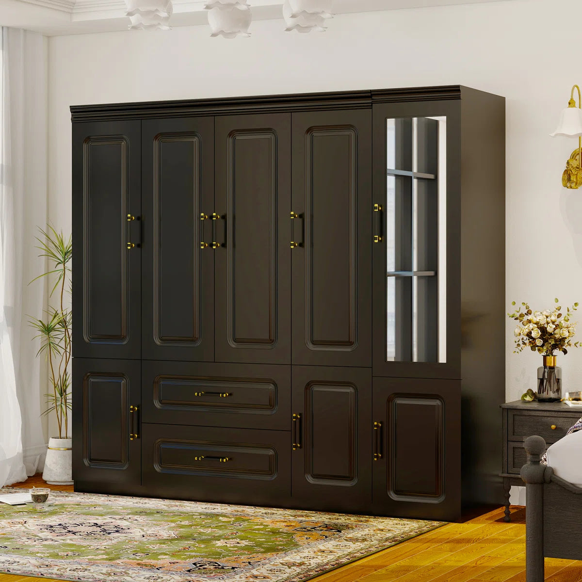2-Piece Solid Manufactured Wood Armoire Wardrobe with Shelves, Freestanding Wardrobe Armoire with Mirror Door, Black