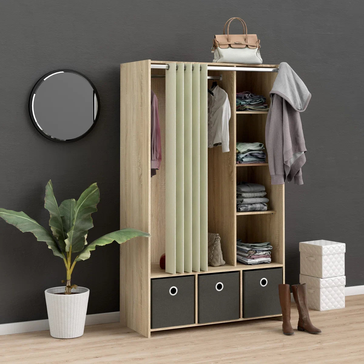Lambart 3 Bin Armoire Wardrobe โ Stylish Storage Cabinet for Bedroom & Living Room-OUCH CART |Dressing tbale