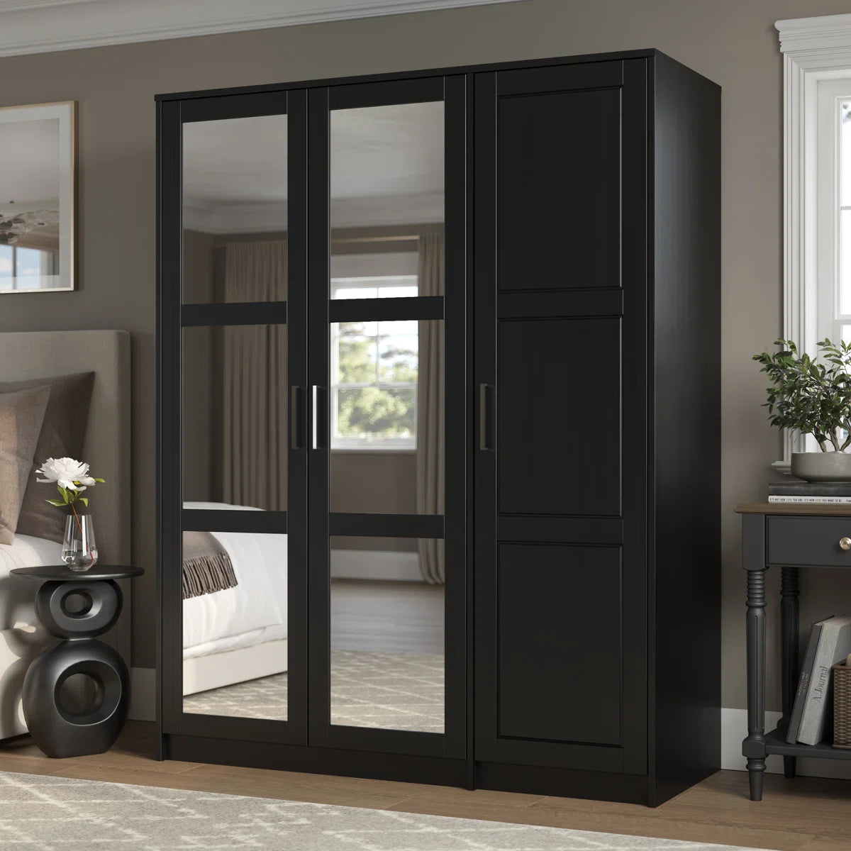 100% Solid Wood Swedesboro 3-Door Wardrobe Armoire with Mirrored Doors