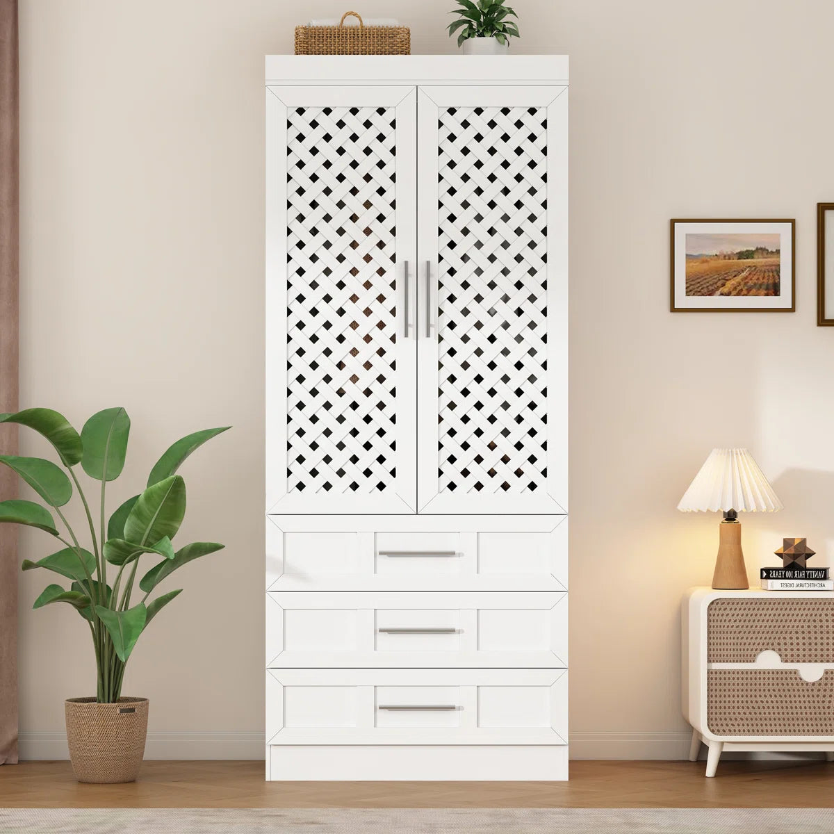 75.6''H Armoire Wardrobe With Sensor Light, 3 Hand-Made Woven Rattan Doors, Hanging Rod And 3 Drawers