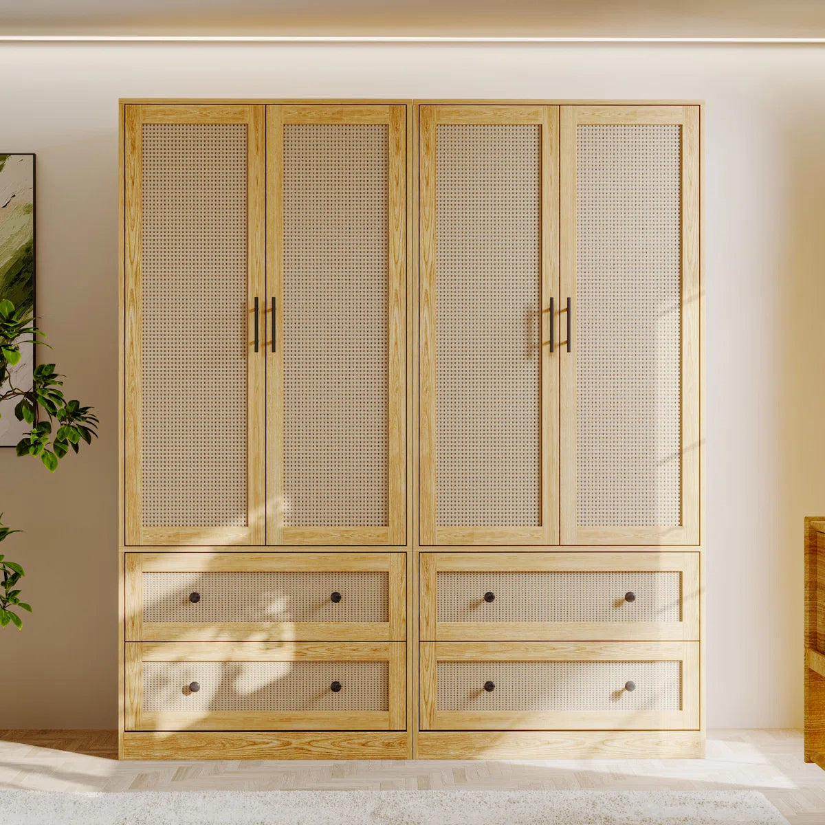 62.8" Wide 4-Rattan Door Wardrobe Closet Set With 4 Drawers & Anti-Tip Design