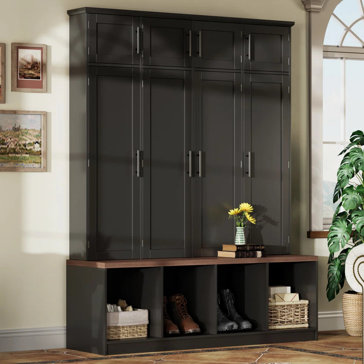 Farmhouse Hall Tree Wardrobe Closet & Cabinet - Functional Clothes Storage With 4 Hidden Hanging Hooks,White