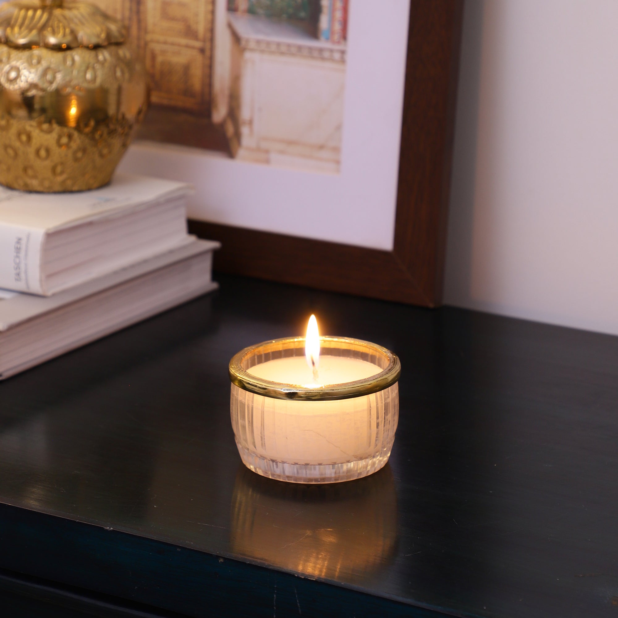 snowy whisper white scented candle glass jar with Golden Ring M.M.I. OVERSEAS