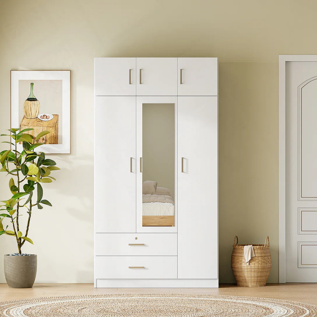 Izzat Wood Freestanding Wardrobe with Built-In Mirror, 2 Drawers and Top Cabinet