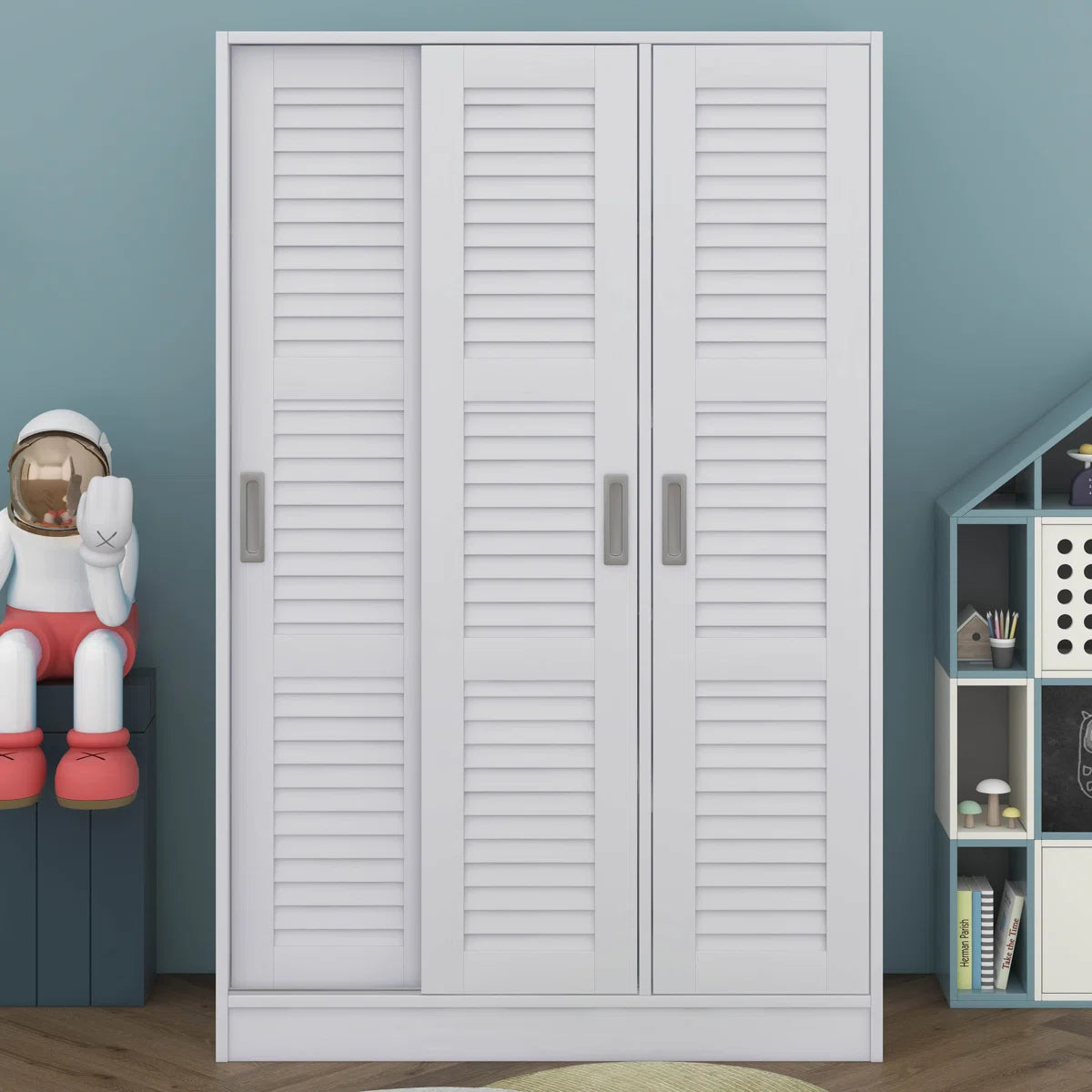 Solid Wood Wardrobe With 3 Louvered Sliding Doors, Shelves Included, Clothing Storage Cabine