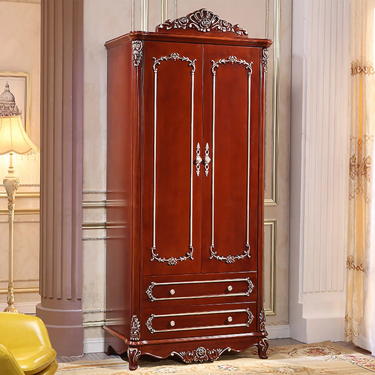 European-Style Oak Carved Wardrobe