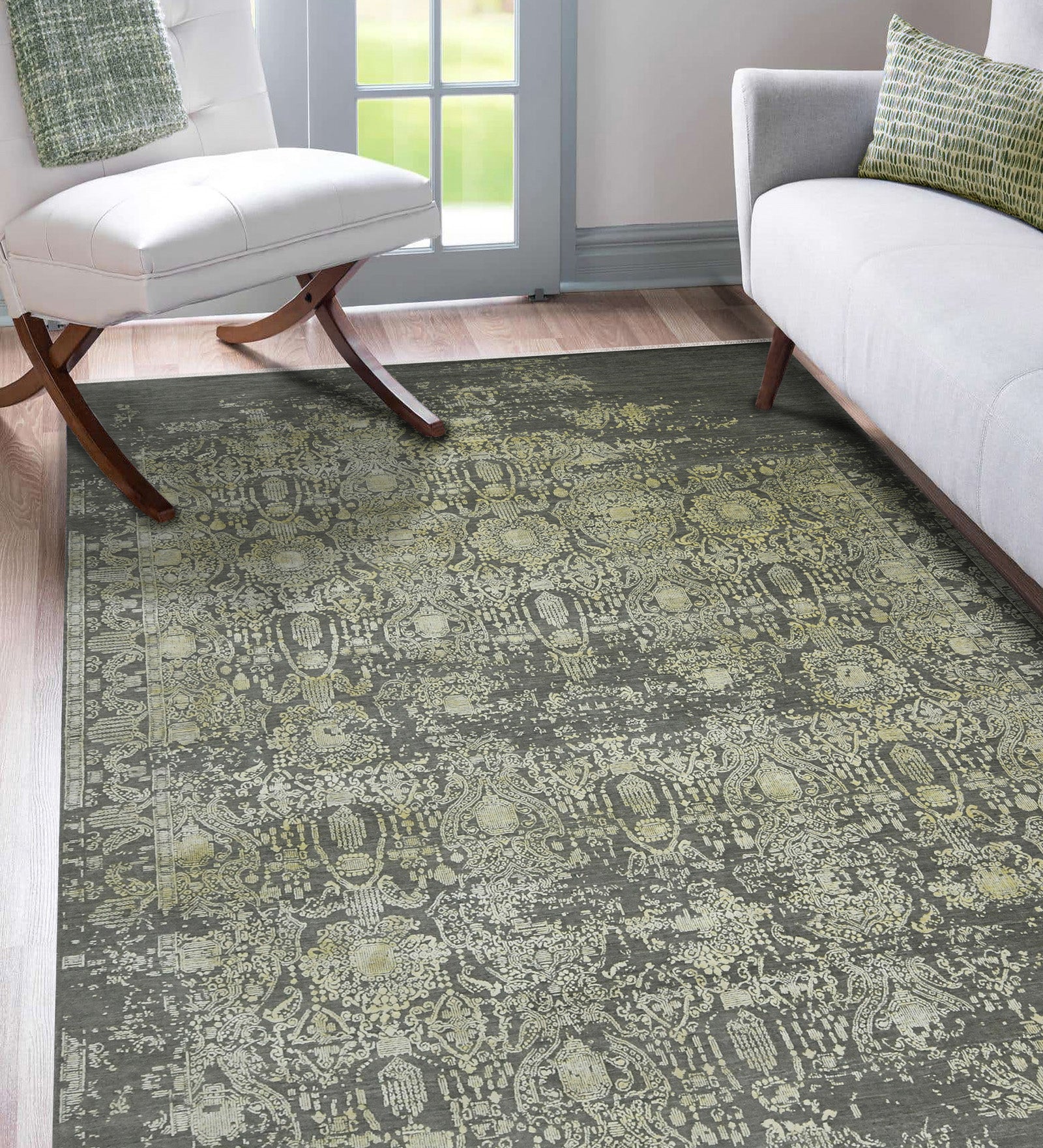Pearl Transitional Pattern Hand Knotted Rectangle Anti-Skid Designer Carpet, Prayer Rug For Office Cabins, Small Living Spaces - 2'X3'