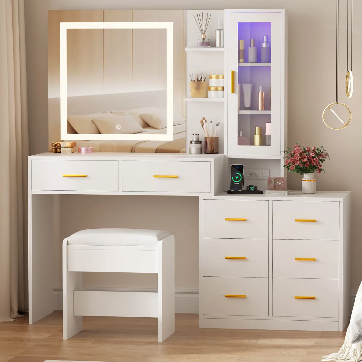 Adriel 51.8" Modern Makeup Vanity with Mirror, LED Lights, and RGB Cabinet Storage-OUCH CART| Dressing table
