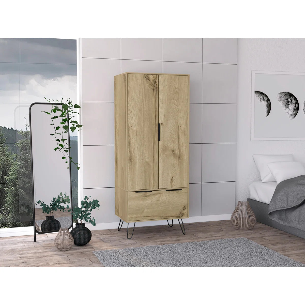 Light Oak Wooden Wardrobe With 2-Doors And 1-Drawer