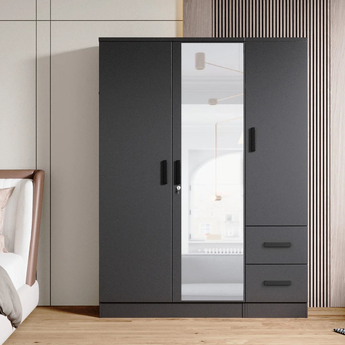 Wooden 2 Drawers 3 Doors Wardrobe Armoire With Mirror