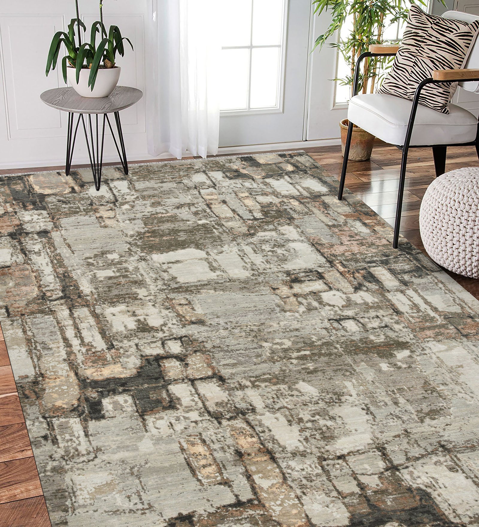Ensemble Modern Pattern Hand Knotted Rectangle Anti-Skid Designer Carpet, Prayer Rug For Office Cabins, Small Living Spaces - 4'x6'