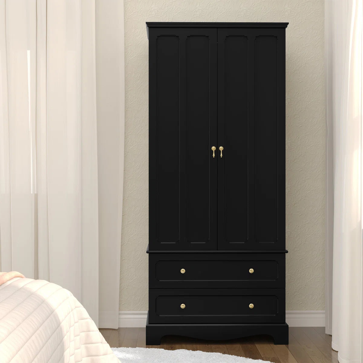 Freestanding Wooden Wardrobe Armoire with 2 Drawers