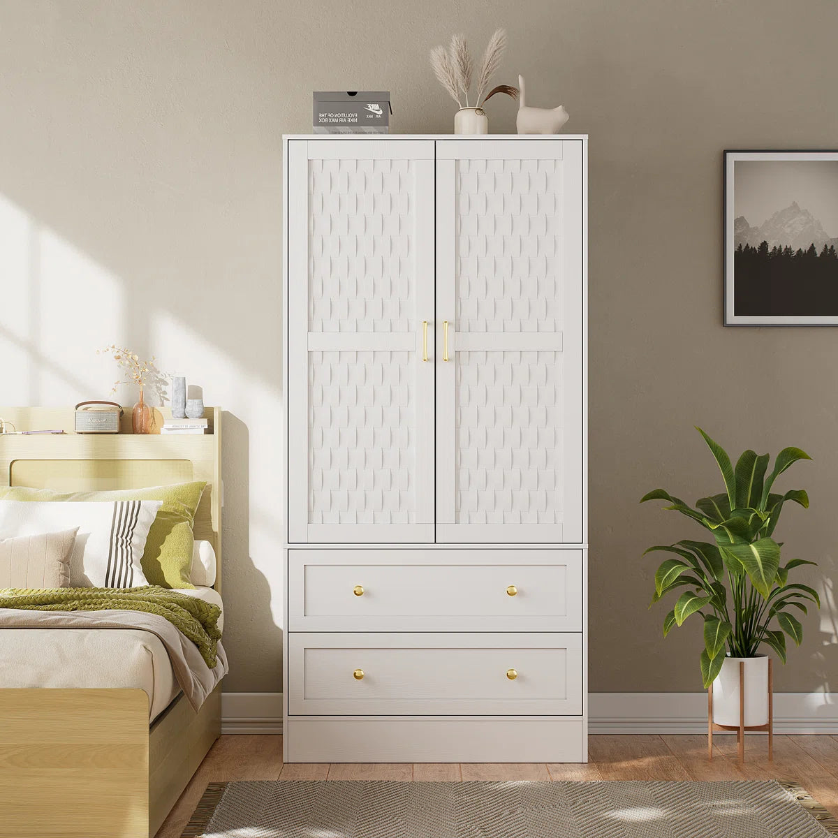 Ayara Armoire Wardrobe Closet with 2 Woven Doors, 2 Wide Drawers & Hanging Rod