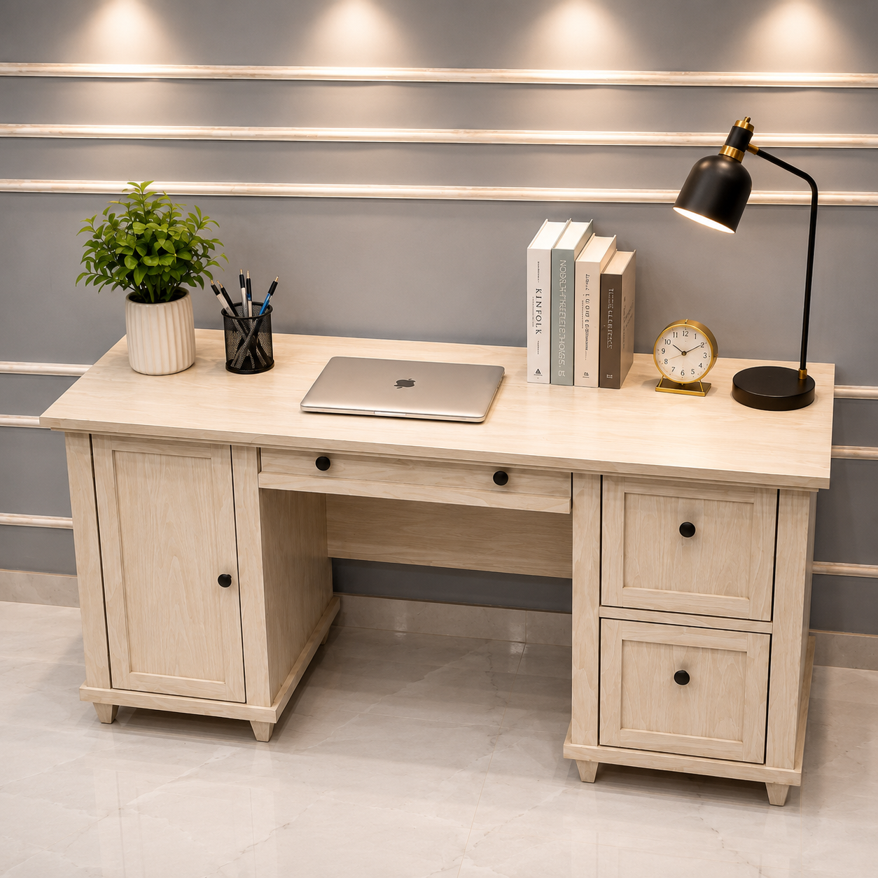 Modern Wooden Office Desk with Storage Cabinet & File Drawers Ouch Cart