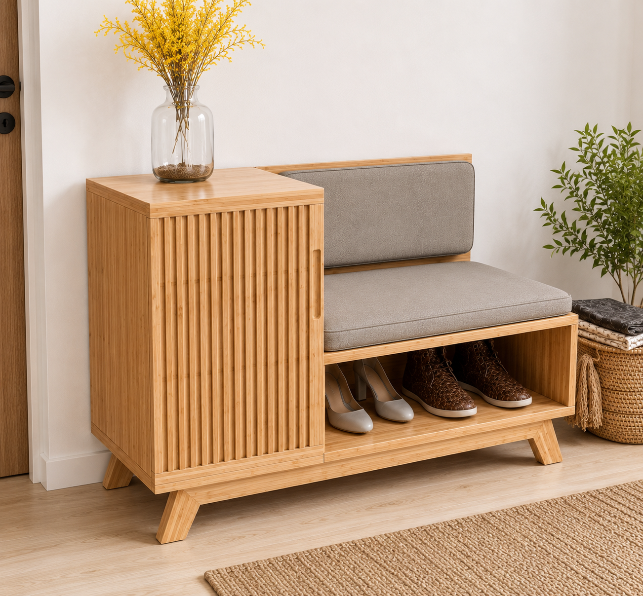 Modern Bamboo Shoe Storage Bench with Sliding Door | Entryway Shoe Organizer Cabinet with Cushioned Seat