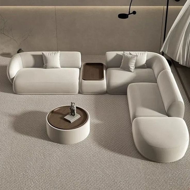 Ouch Cart Modern Curved Modular Sectional Sofa with Wooden Side Tray | Luxury Bouclé Upholstered L-Shaped Sofa Set for Living Room | Minimalist Contemporary Couch, Cream White OUCH CART