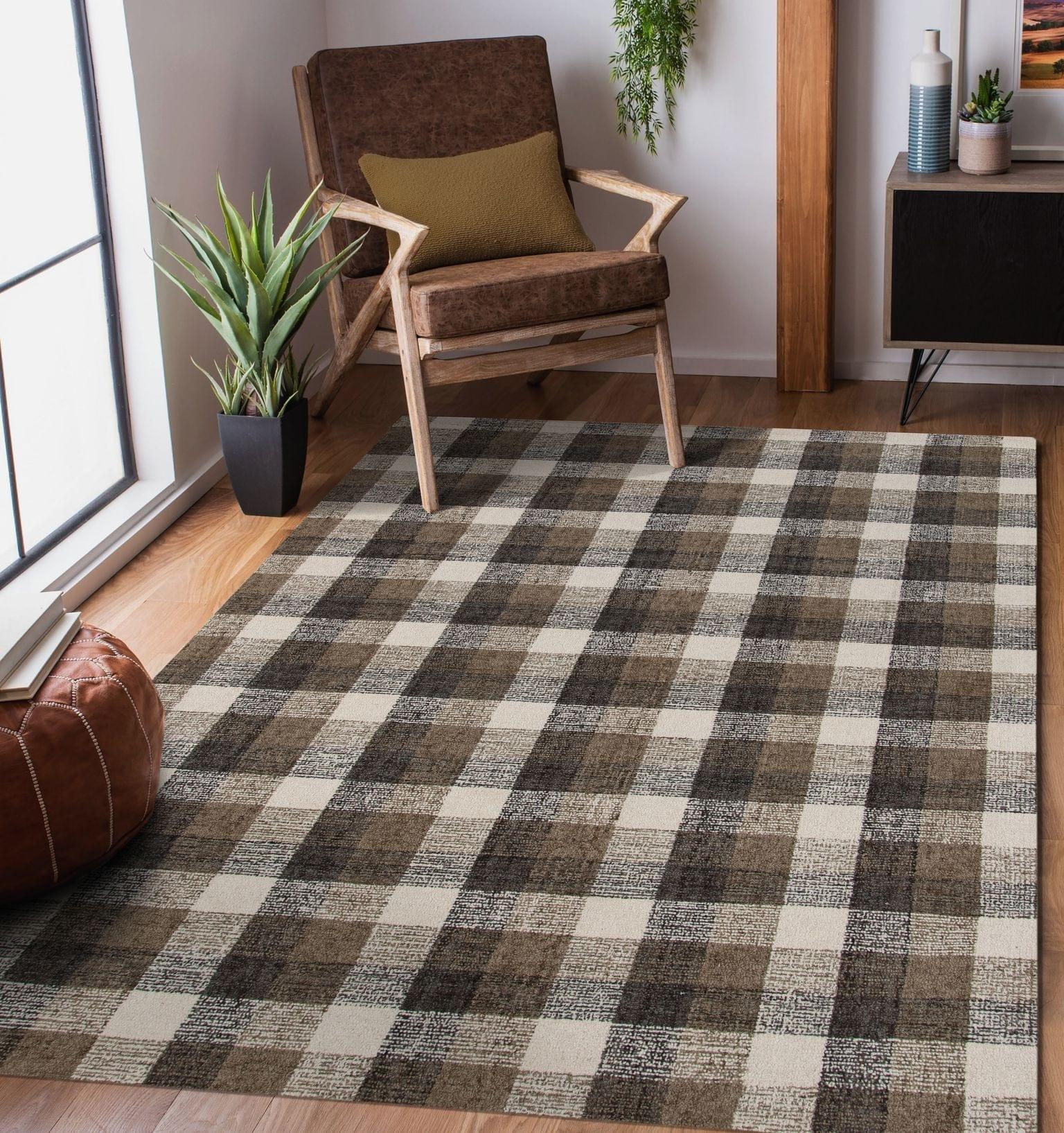 Khaki Wool Tartan 8X10 Feet Hand-Tufted Carpet - Rug - Ouch Cart