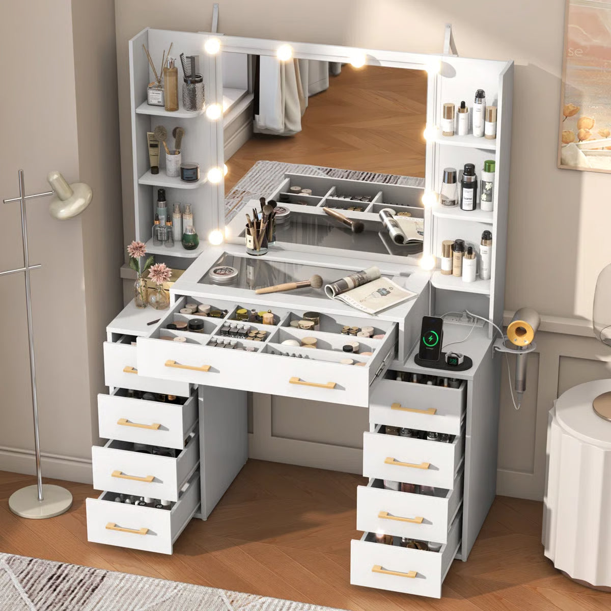 Tempered Glass Vanity Desk with LED Lights, Mirror, and Built-In Charging Station