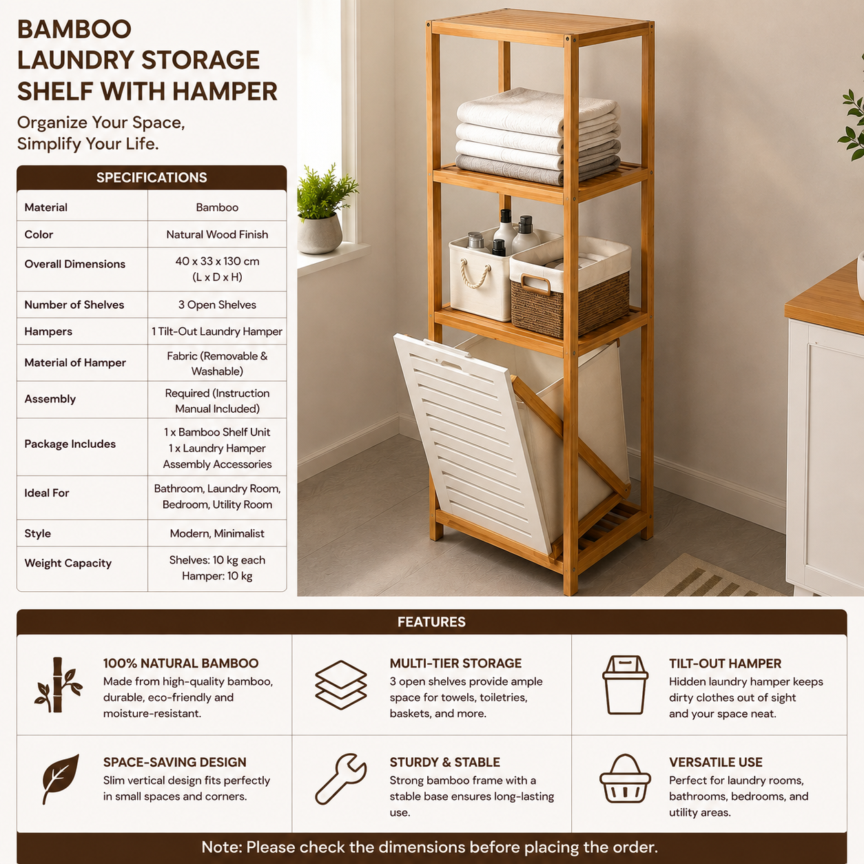 Ouch Cart Bamboo Bathroom Storage Shelf with Laundry Basket OUCH CART