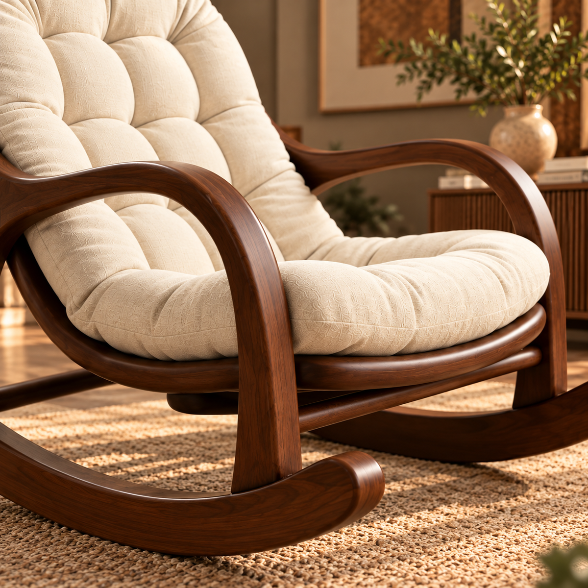 Luxury Wooden Rocking Chair with Cream Tufted Cushion, Walnut Finish Frame, Modern Upholstered Rocker for Living Room