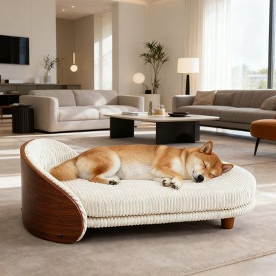 Modern Luxury Wooden Pet Bed for Dogs & Cats | Soft Plush Corduroy Cushion | Stylish Elevated Indoor Pet Sofa Bed | Comfortable Sleeping Bed for Small & Medium Pets