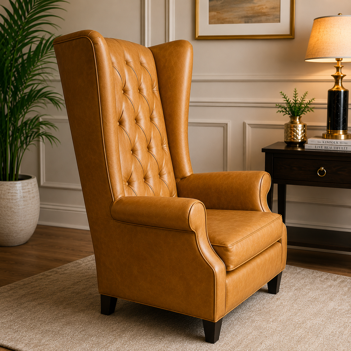 ufted High Back Accent Chair with Rolled Arms | Tan Leather Upholstered Reading Chair OUCH CART