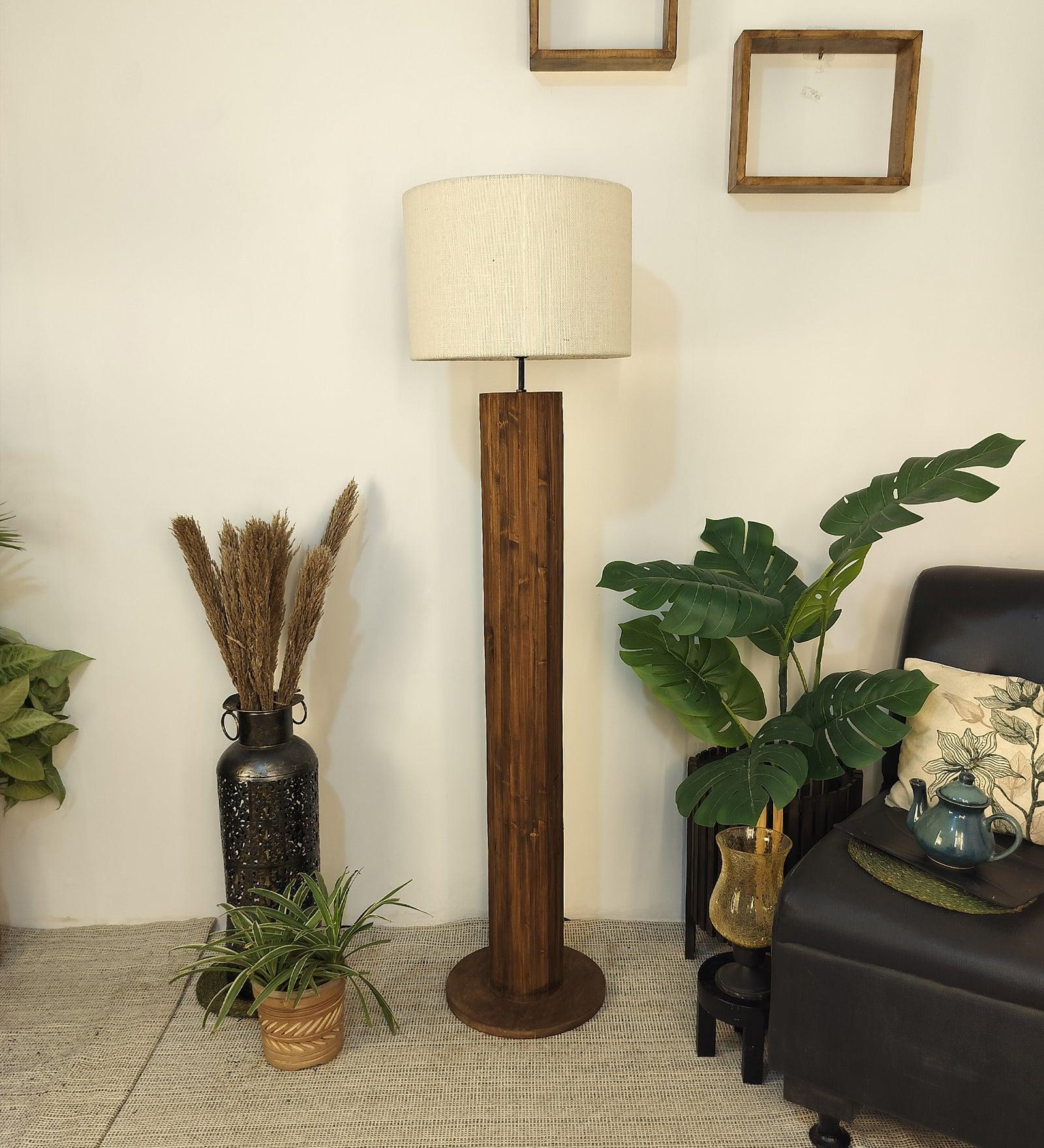 Cedar Wooden Floor Lamp with Premium Beige Fabric Lampshade (BULB NOT INCLUDED) - Ouch Cart