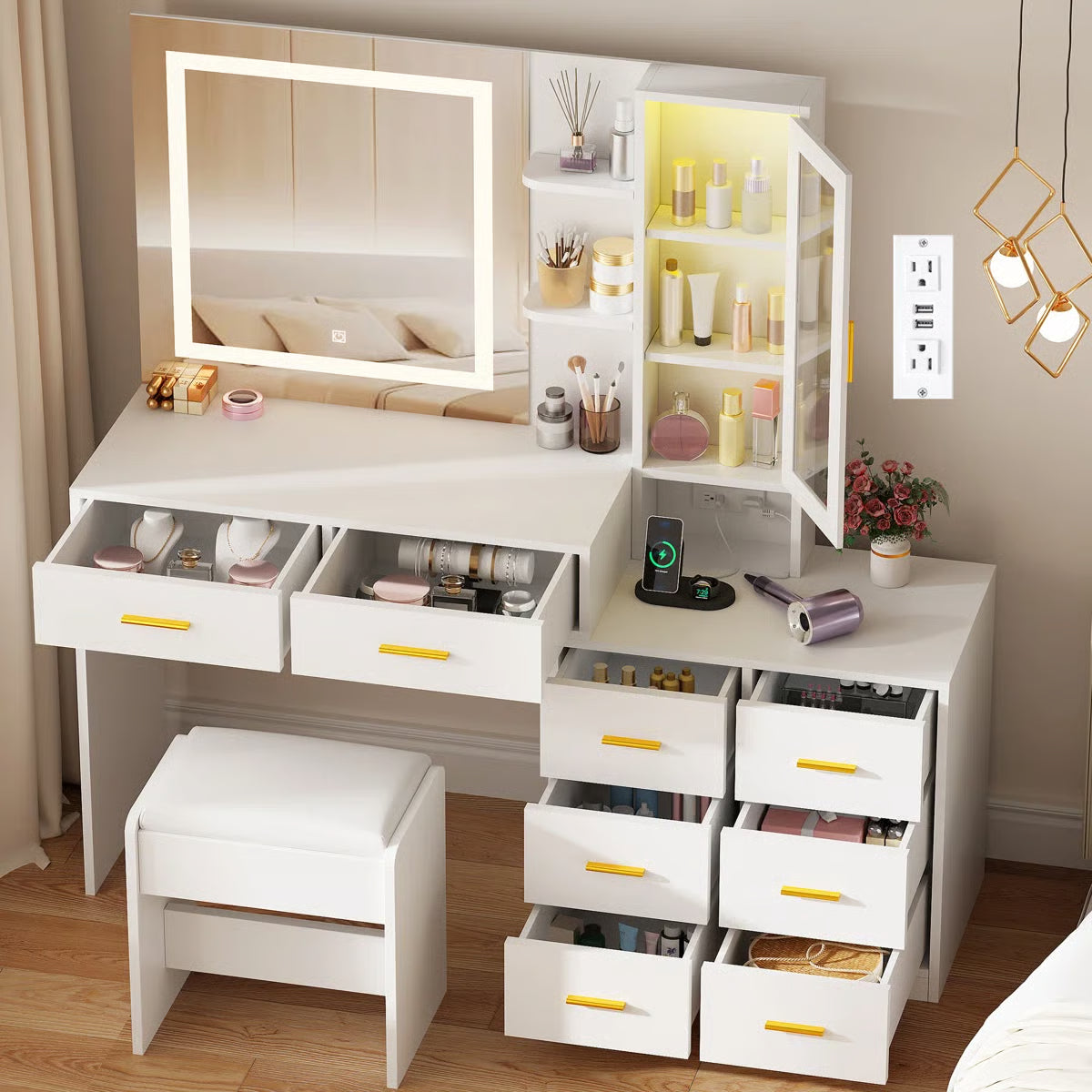 Adriel 51.8" Modern Makeup Vanity with Mirror, LED Lights, and RGB Cabinet Storage