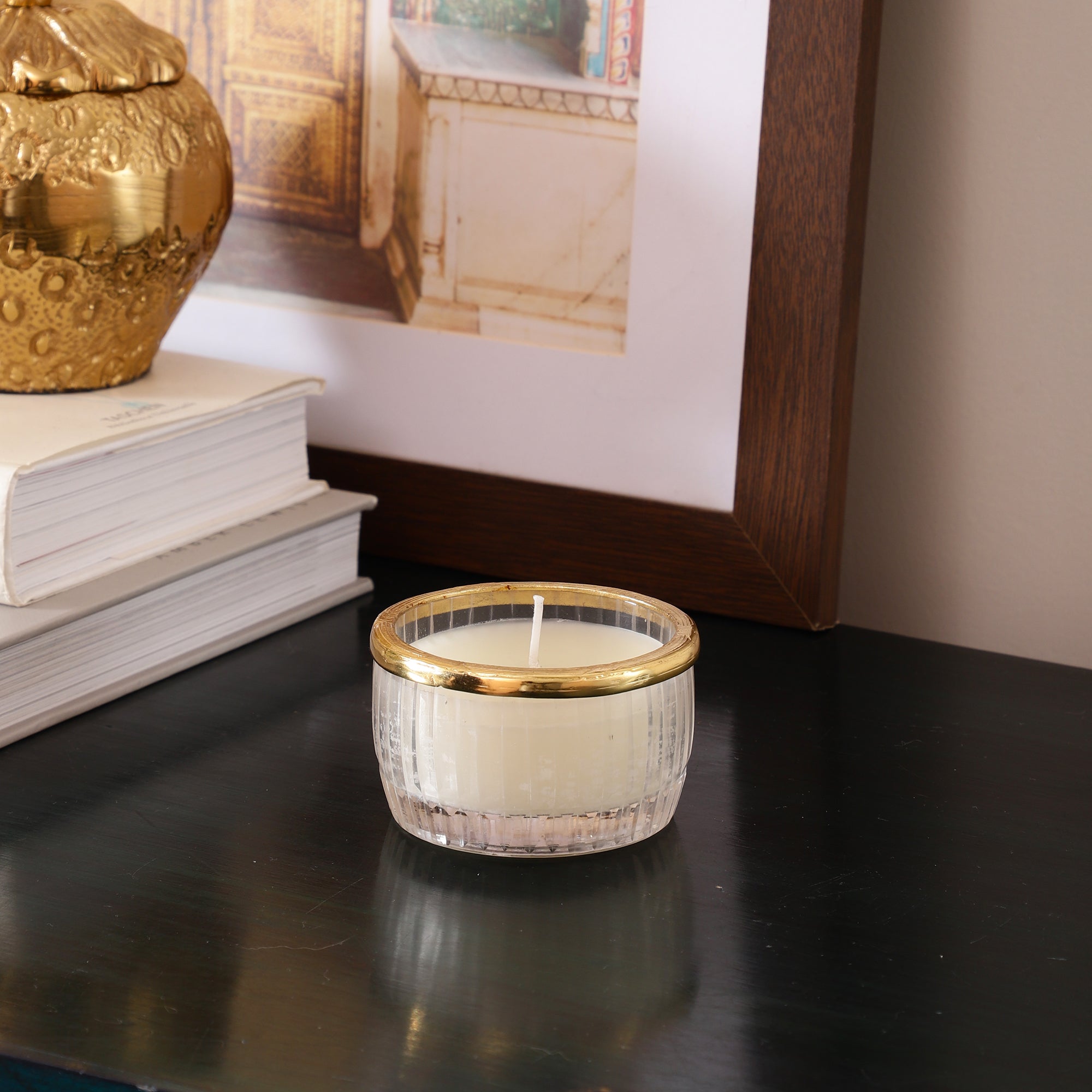 snowy whisper white scented candle glass jar with Golden Ring