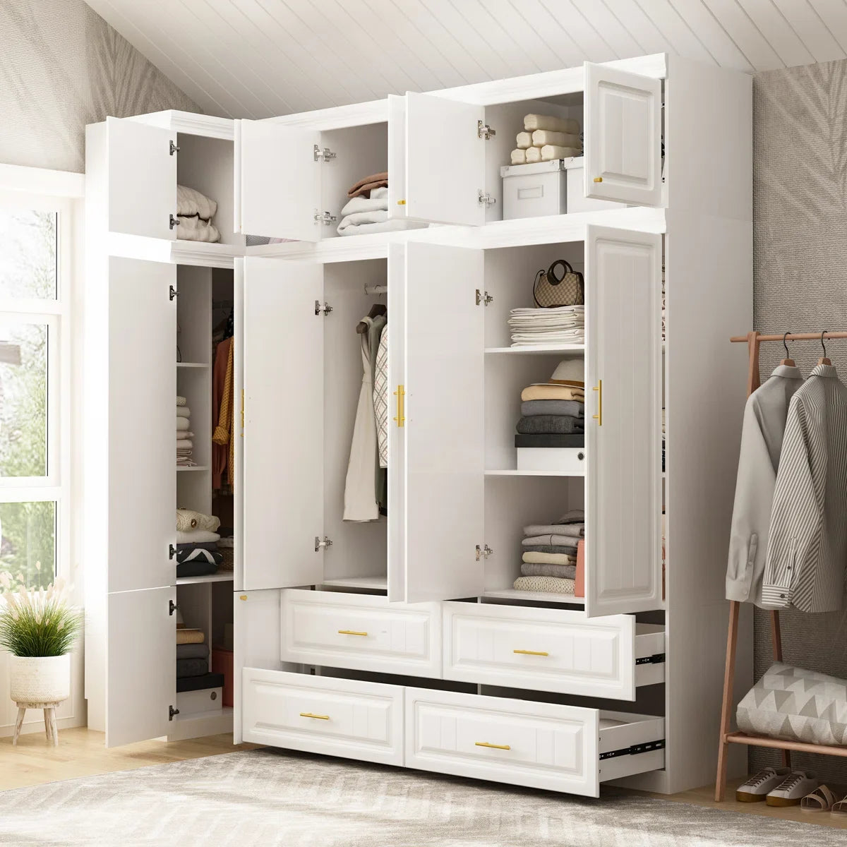 Contemporary Wardrobe Set with Top Storage Cabinet – Space-Saving Closet