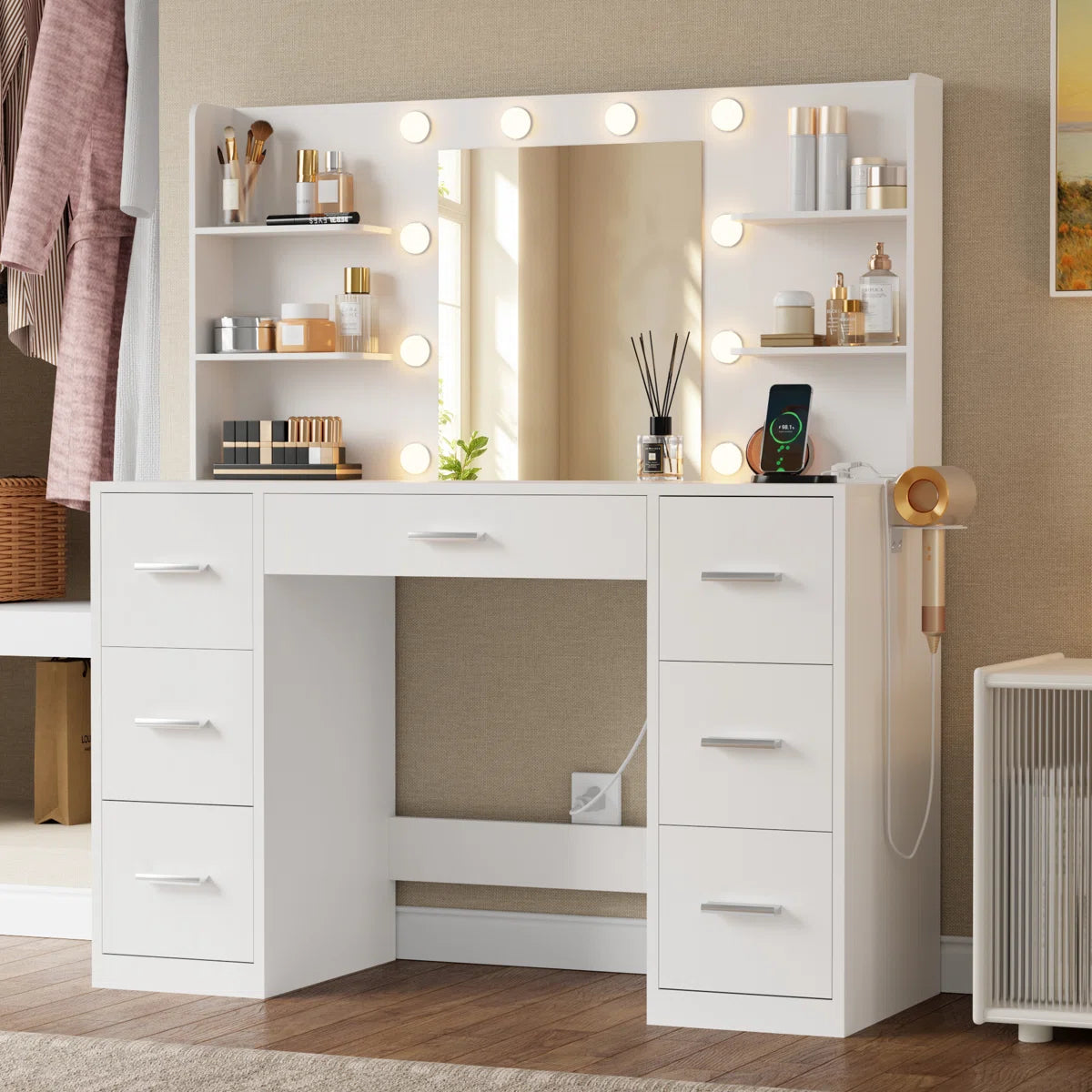 Ragin Vanity Desk with 3-Mode LED Mirror Lights and Built-In USB Charging Station