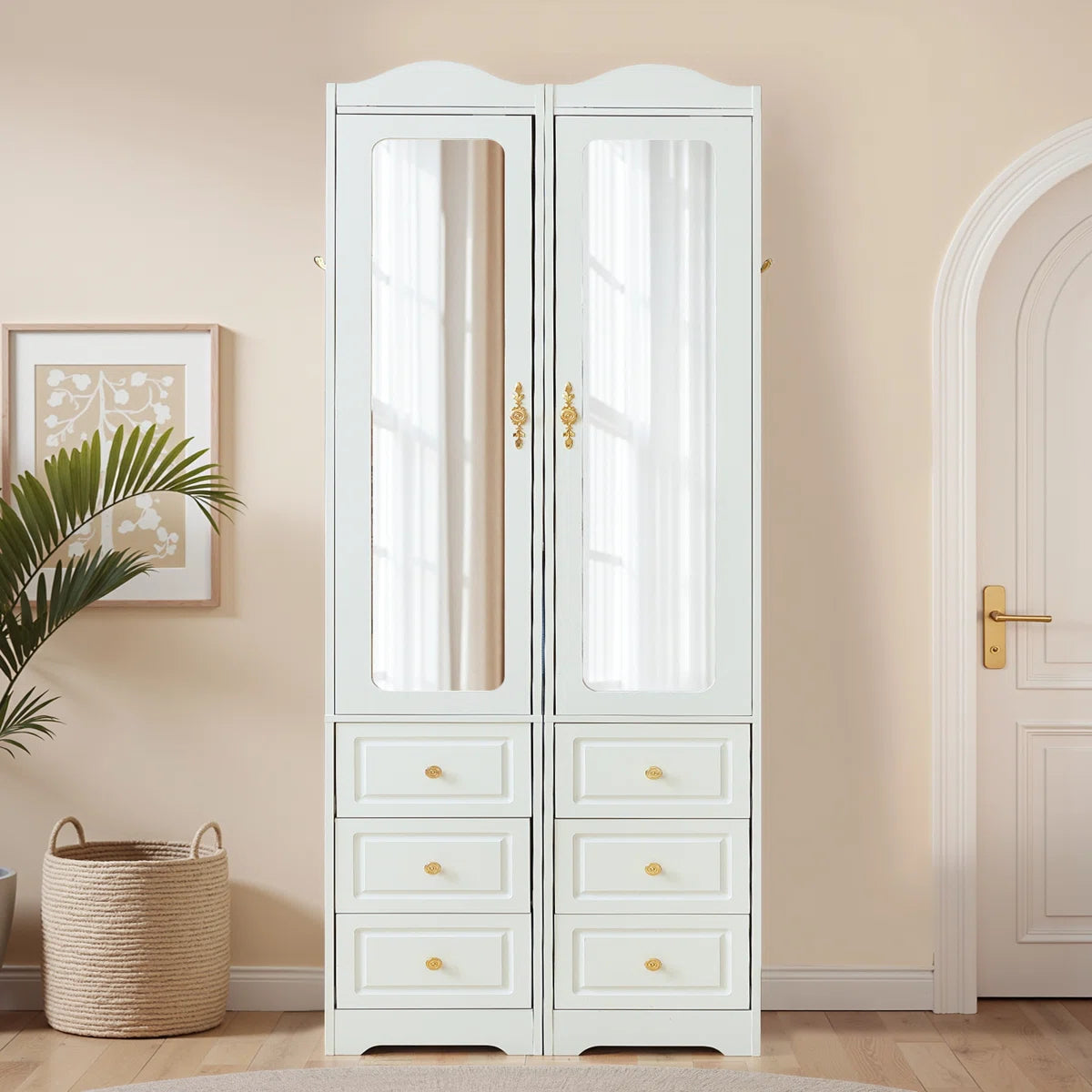 Armoire Wardrobe Closet & Wardrobe Cabinet With 6 Drawers And 2 Mirrors & With Hanging Rod & Sensor Lights