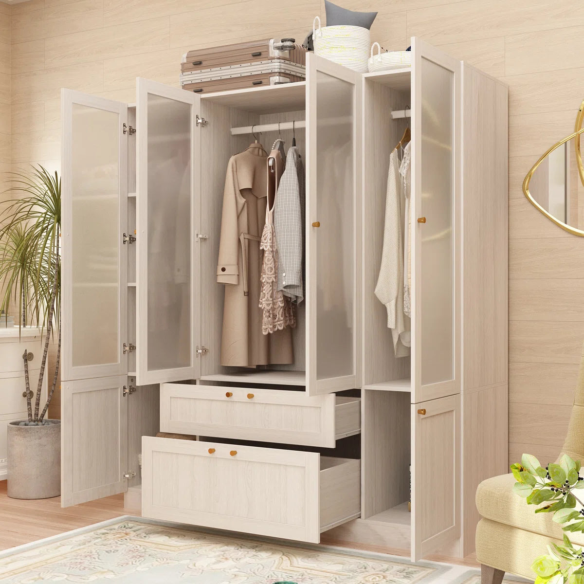 Large Storage Armoire Solid Wood Wardrobe for Bedroom