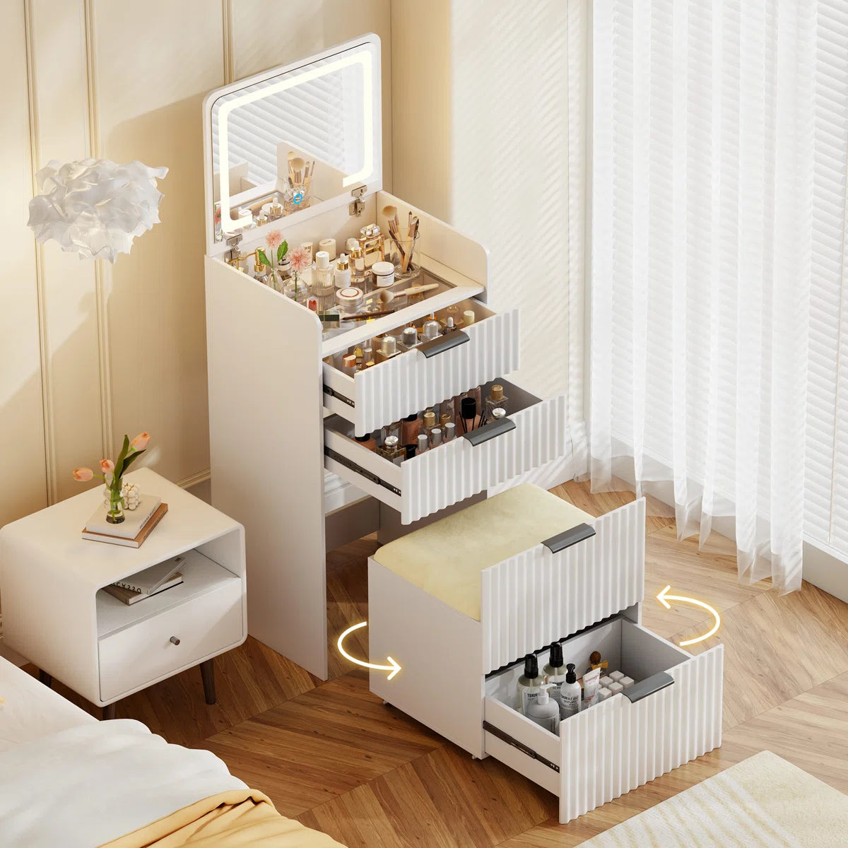 Space-Saving Vanity Desk with Flip-Up LED Mirror, Glass Drawer Storage, and Hidden Stool