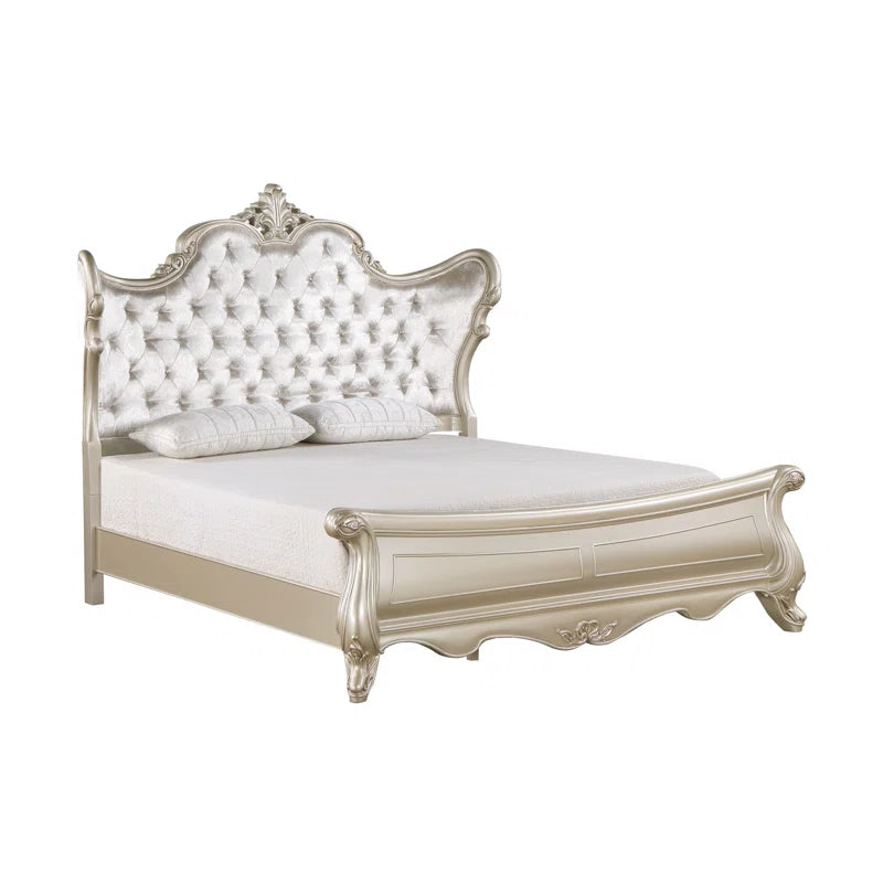Monique Solid Wood Standard Bed with Upholstered Headboard in Champagne