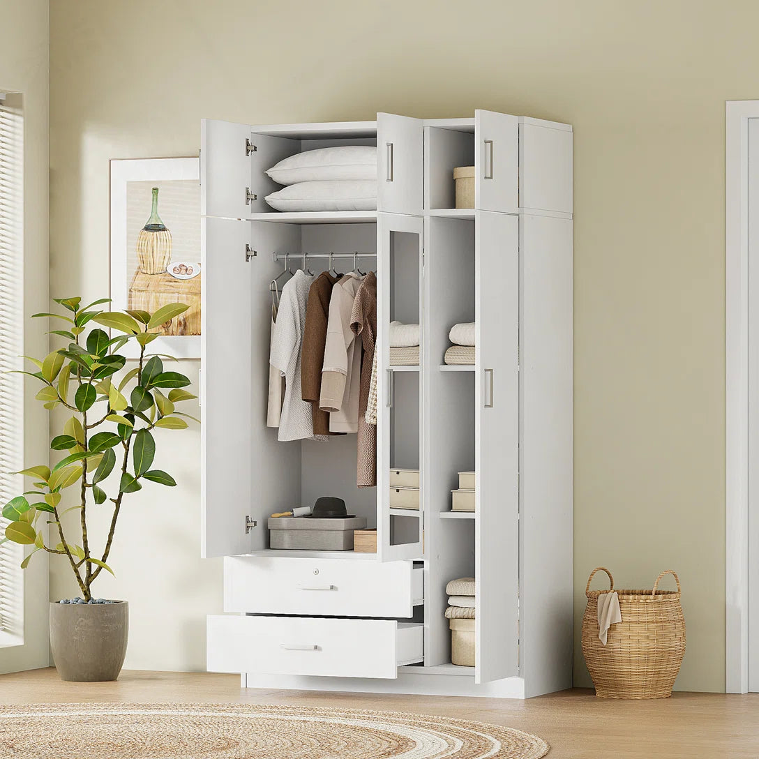 Izzat Solid Wood Wardrobe – Freestanding Armoire with Built-In Mirror & Top Cabinet