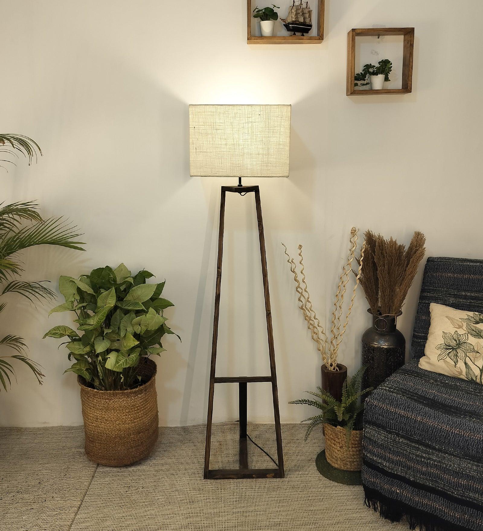 Angular Wooden Floor Lamp with Brown Base and Premium Beige Fabric Lampshade (BULB NOT INCLUDED) - Ouch Cart