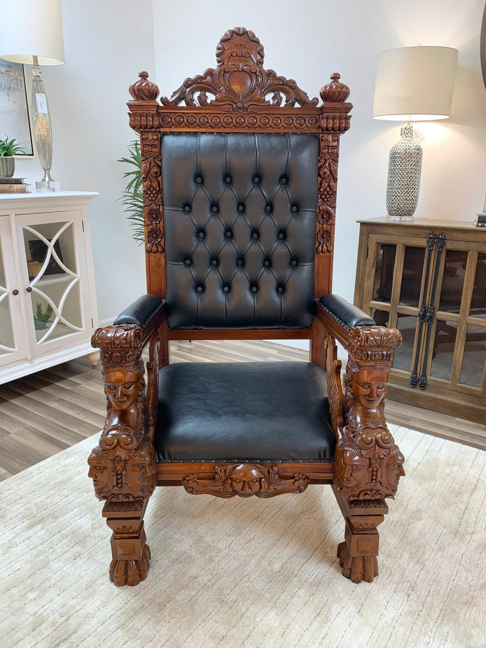 Kristofer 39" Mahogany & Tufted Top Grain Leather Throne Chair Ouch Cart