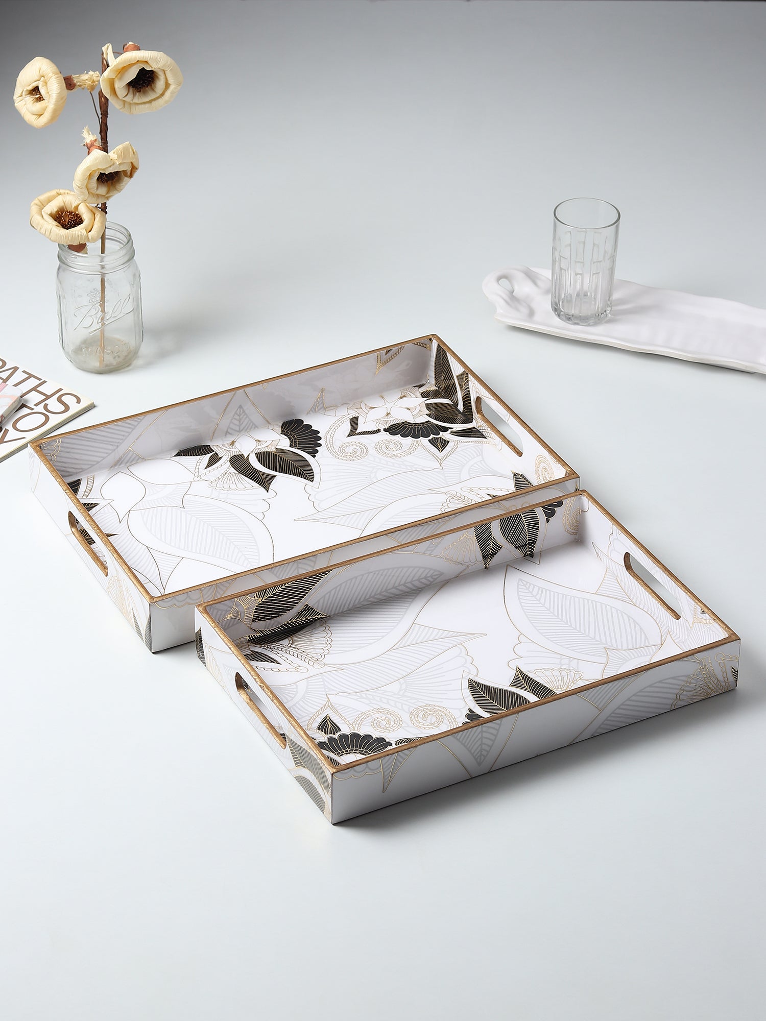 Ivory Noir Bloom Tray Set of 2