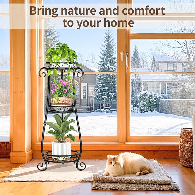 Ouch Cart 3 Tier Black Metal Plant Stand for Multiple Large Planters Indoor Outdoor Organizer, Heavy Duty Tall Flower Stand for Corner Patio Bathroom Office, Modern Sturdy Vertical Iron Rack