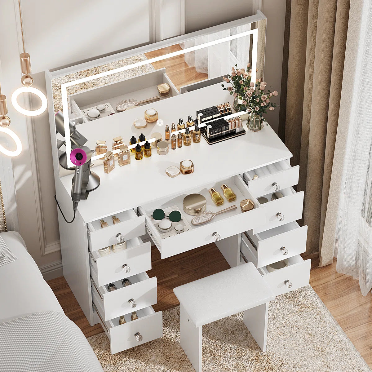 Greyden Lighted Vanity Set with LED Mirror, Diamond Handles on 9 Drawers, and Built-In Power Outlet