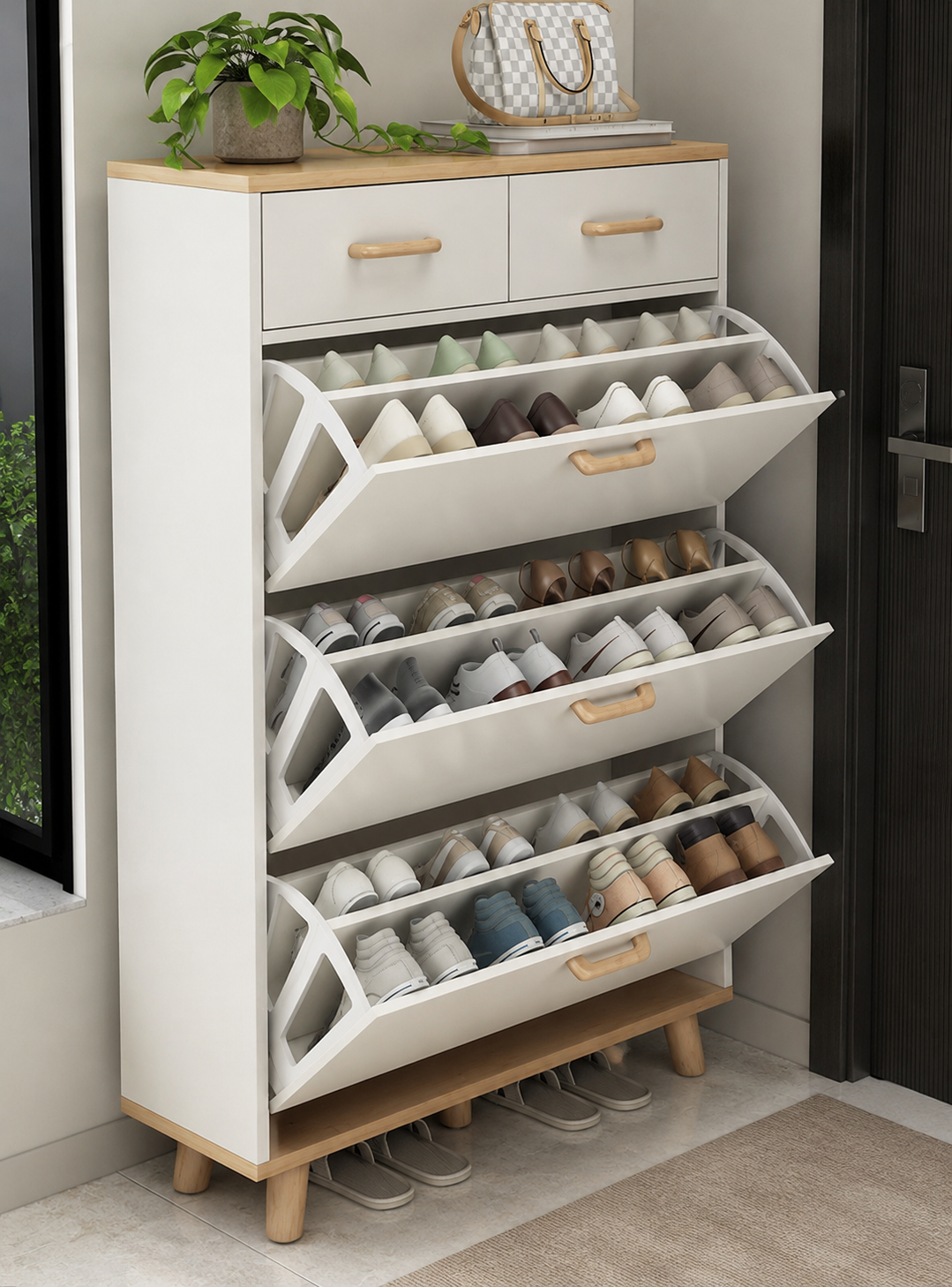 Modern Wooden Shoe Cabinet with Flip Drawers | Space-Saving Entryway Shoe Storage Organizer | Ouch Cart