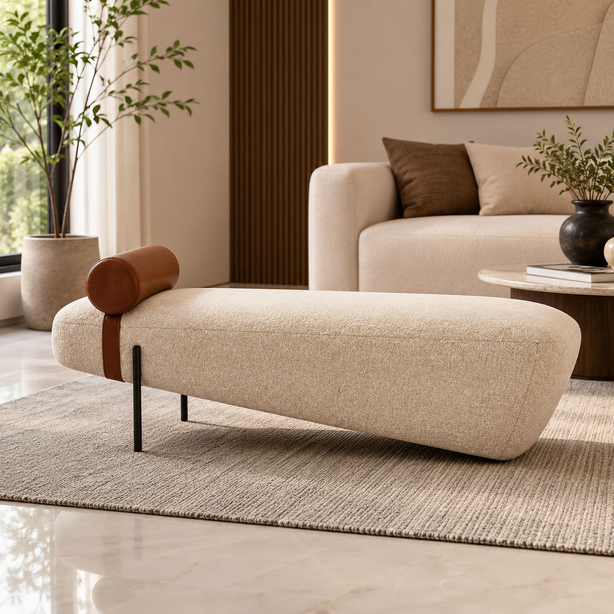 Modern Upholstered Bench with Leather Bolster Pillow | Luxury Bouclé Fabric Accent Bench
