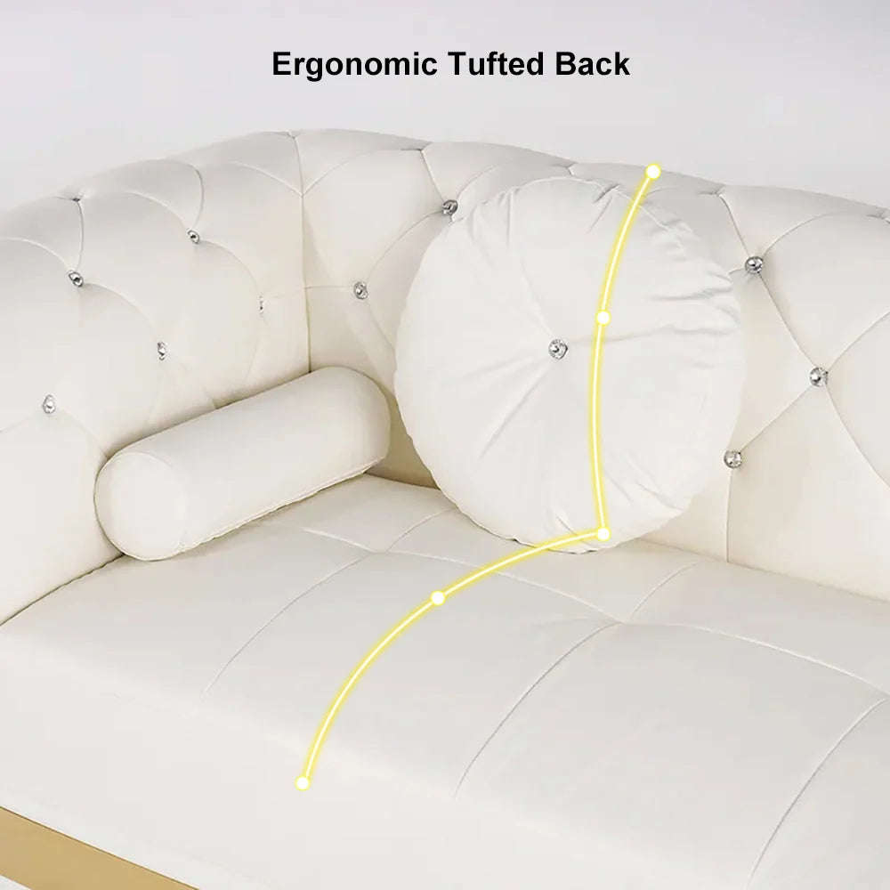 Luxury White L-Shaped Chesterfield Leather Sofa Set with Gold Accents