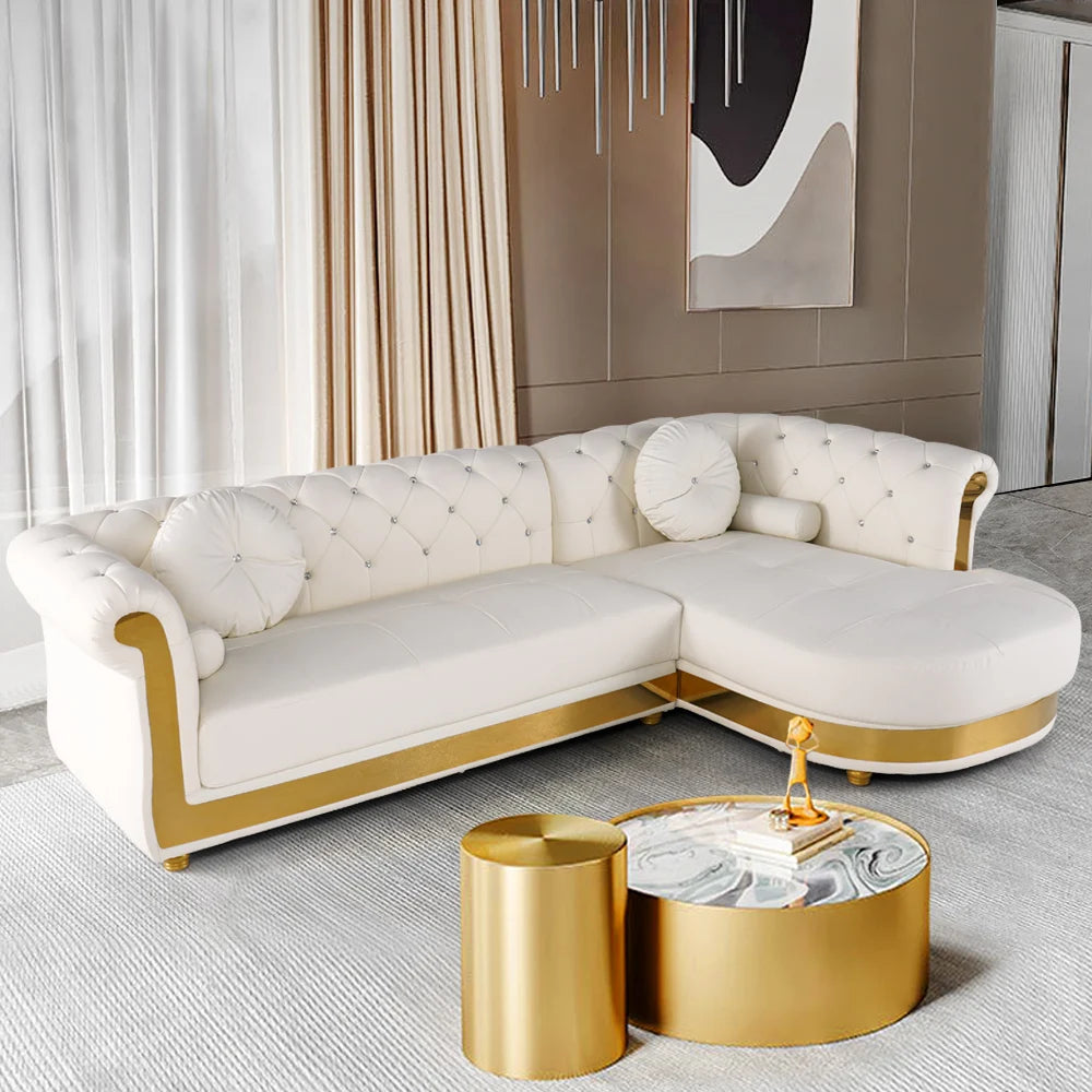 Luxury White L-Shaped Chesterfield Leather Sofa Set with Gold Accents