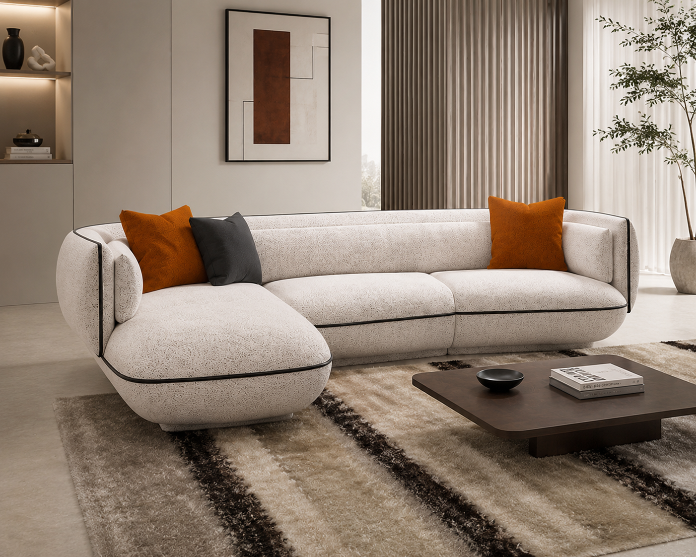 Ouch Cart Modern Curved Bouclé Sectional Sofa | Luxury Cream Upholstered Living Room Couch with Contemporary Design