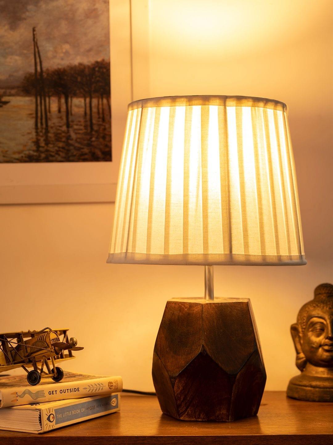 Wooden Hexa Lamp with Pleeted Cotton White Shade - Ouch Cart