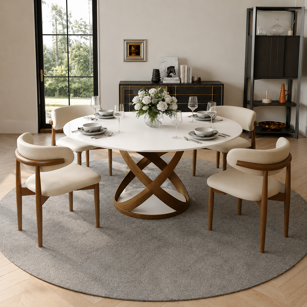 Maxwell Modern Dining Room Sets, Pre-Assembly Round Dining Table Sets, Sintered Stone Tabletop Kitchen Dining Table Set With Upholstered Chairs OUCH CART